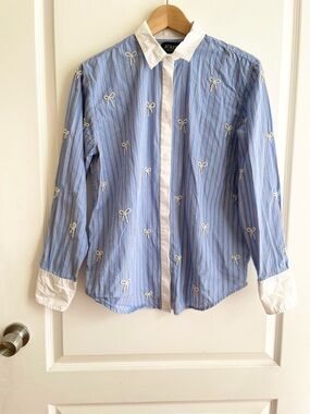 J.Crew Collection Garçon Button Down Shirt with Beaded Bows Size 4 Blue Stripe